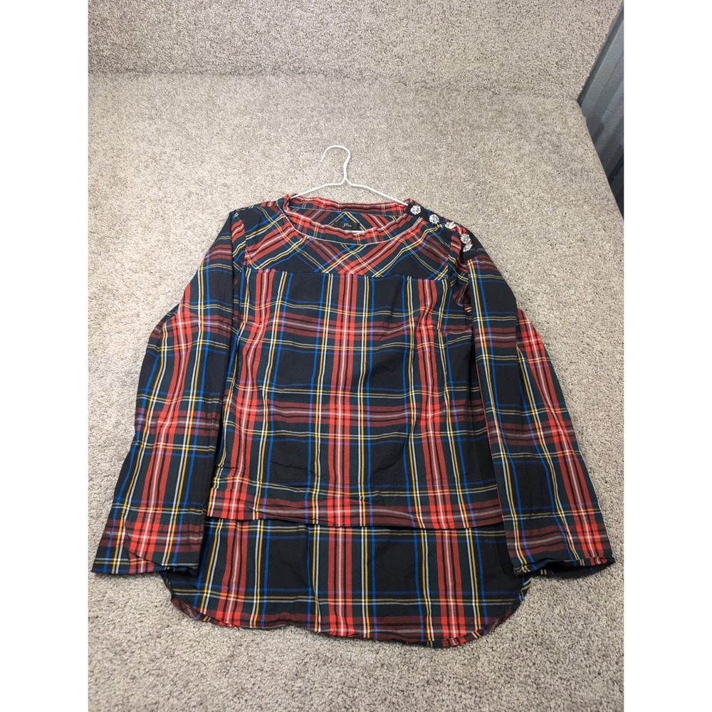 J.Crew Womens Plaid Cotton Blouse Crystal Shoulder Buttons Red Navy Size 6